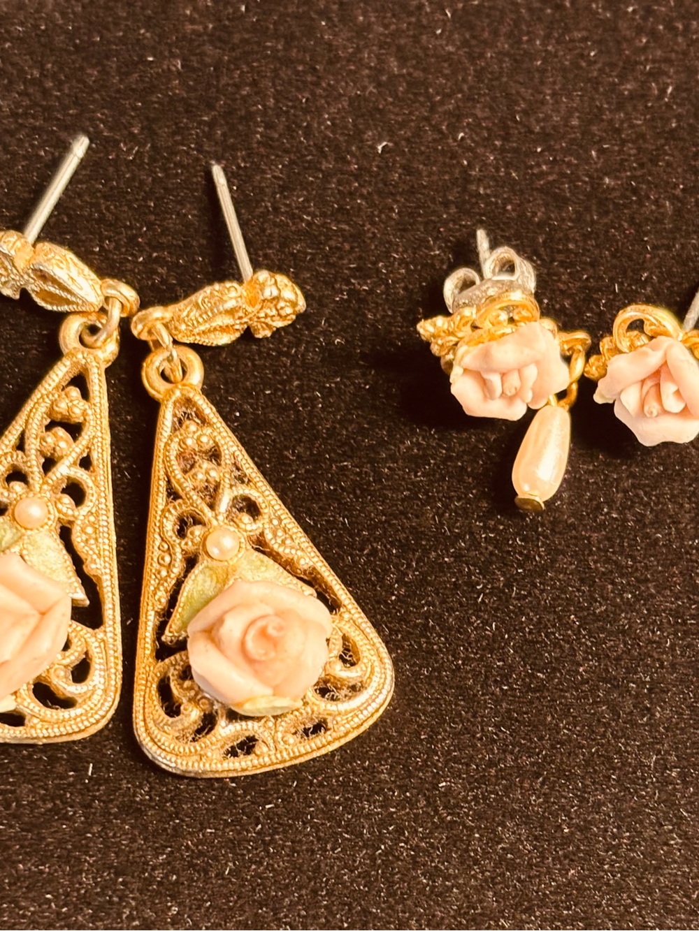 Vintage Gold-Tone Pink Rose Filigree Drop Earrings - Women Jewelry.  2 pair